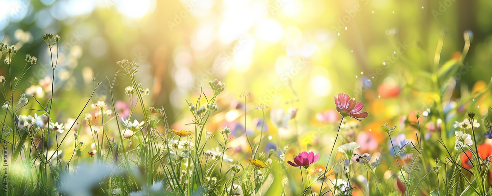 Serene spring background with green meadows, colorful wildflowers, and gentle sunlight. Serene spring background with green meadows, colorful wildflowers, and gentle sunlight.