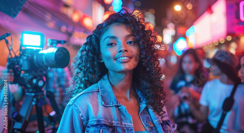 A beautiful black female YouTuber with curly hair, wearing a blue denim jacket standing in front of a camera crew and her audience on the streets of New York City