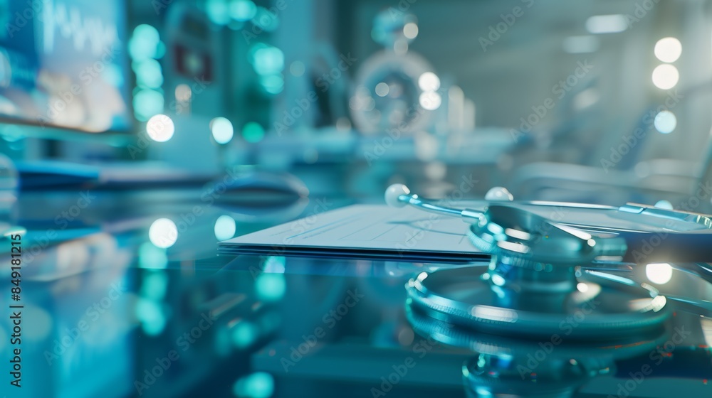 Medical record with stethoscope in hospital office background Medical service innovation and digital health concept technology Medical record with stethoscope in hospital office background Medical service innovation and digital health concept technology
