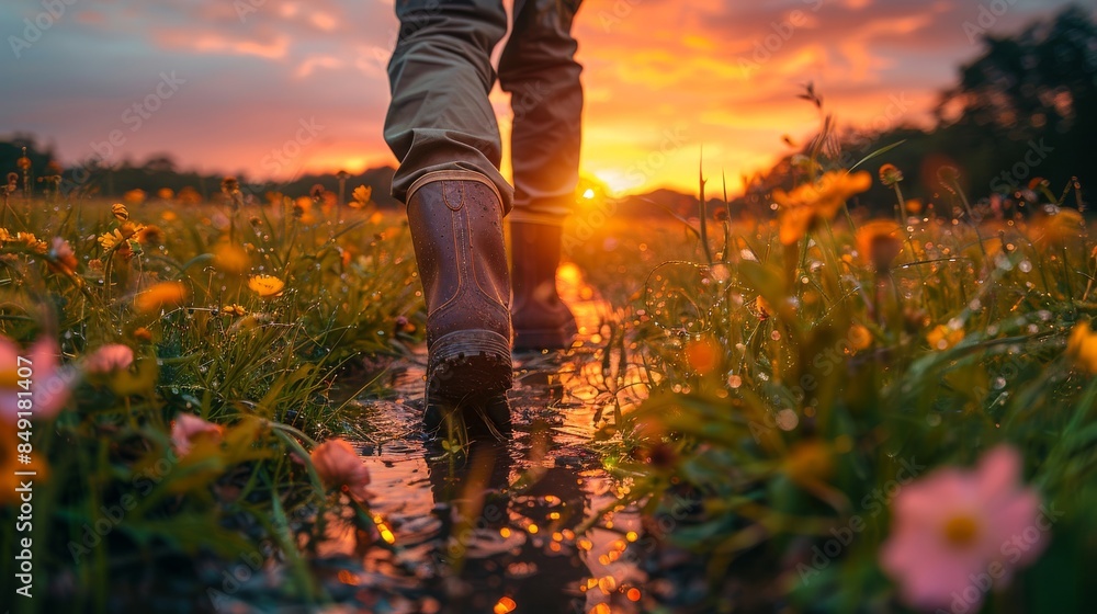 Serene scene of a person walking in a wet field with boots, bathed in the golden light of sunset Serene scene of a person walking in a wet field with boots, bathed in the golden light of sunset