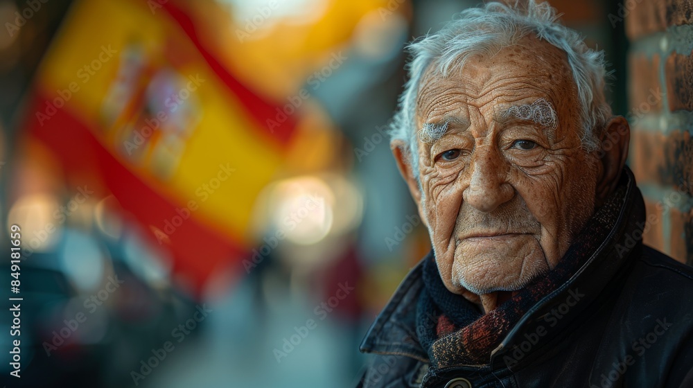 Portrait of an aged man with deep wrinkles and a background of the Spanish flag Portrait of an aged man with deep wrinkles and a background of the Spanish flag