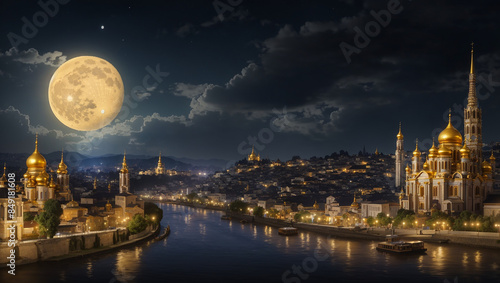 The image is a painting of a cityscape at night. There is a full moon in the sky and a river in front of the city. The city is made up of many buildings, including a large cathedral with golden domes.