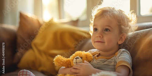 A little boy comfortably cuddling a teddy bear while relaxing on a couch with sunlit background