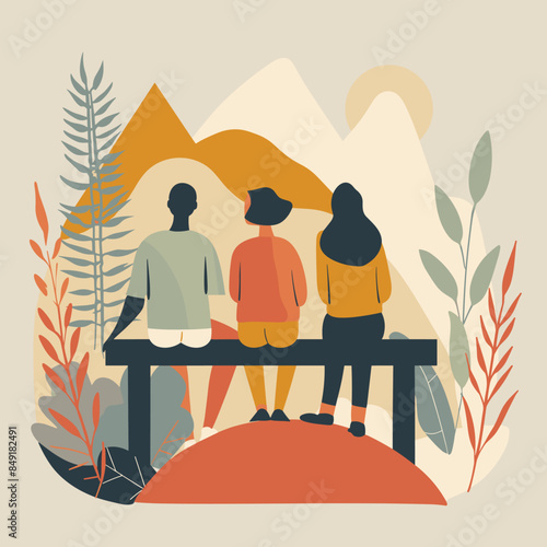 Three individuals seated bench, overlooking mountains. Casual outdoor scene, friends enjoying nature. Warm color palette, abstract nature backdrop