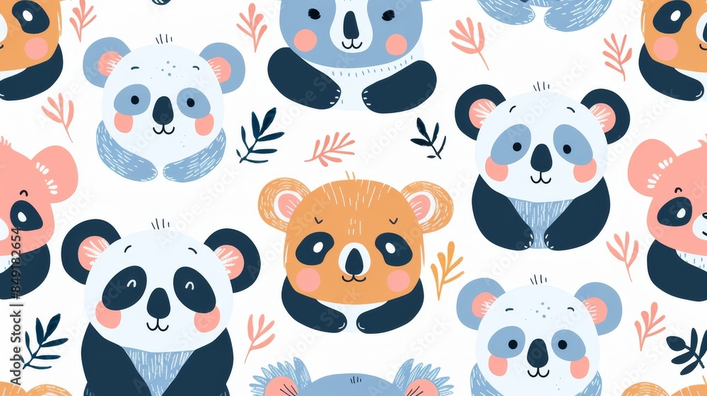 Fototapeta premium Flat illustration of cute animals like pandas and koalas in a seamless pattern for a playful design.