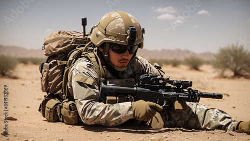 A soldier in full combat gear is crawling on the desert ground.