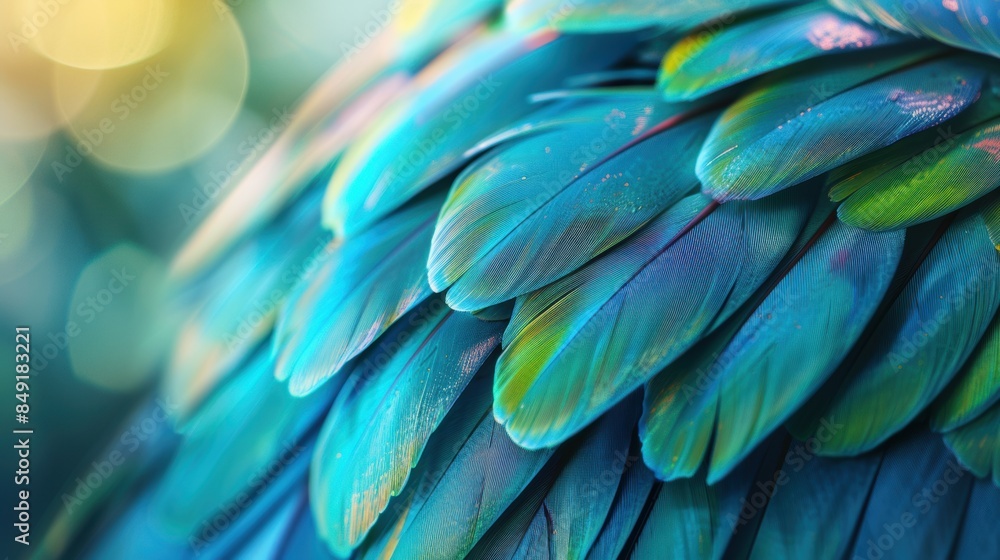Macro shot of vibrant blue and green bird feathers with a soft bokeh background, highlighting intricate patterns and colors. Macro shot of vibrant blue and green bird feathers with a soft bokeh background, highlighting intricate patterns and colors.