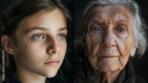 Portrait of a young woman and an elderly one, both with radiant skin, in front of the same background, highlighting their natural beauty. the essence of youthful vitality and mature grace © Oleksandra