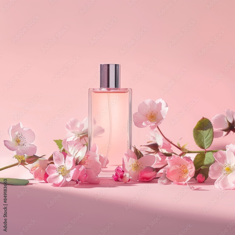Floral perfume packaging mockup, flowers background Floral perfume packaging mockup, flowers background