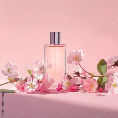 Floral perfume packaging mockup, flowers background