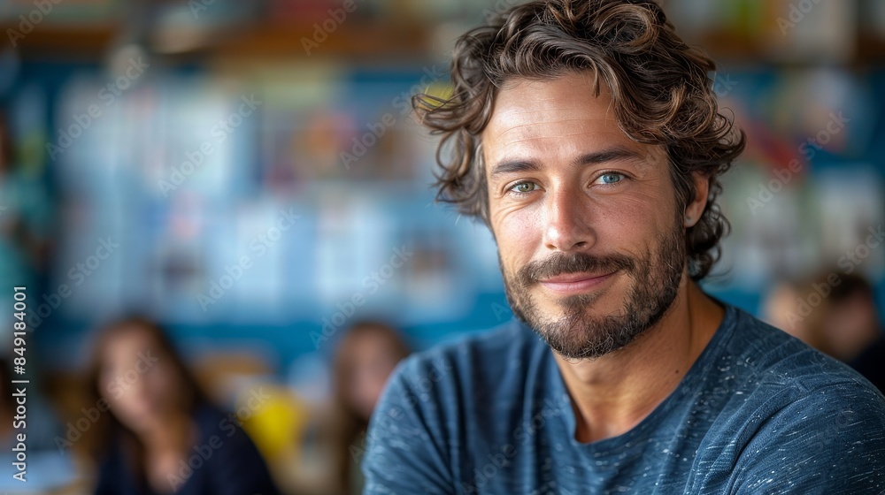 A man with curly hair smiling confidently against a classroom background A man with curly hair smiling confidently against a classroom background