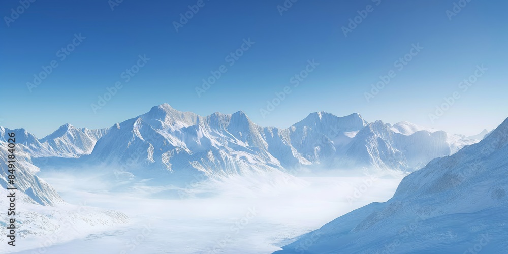 Vast snowy landscape with towering mountain peaks under a clear blue sky Vast snowy landscape with towering mountain peaks under a clear blue sky
