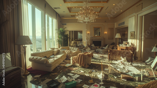 living room in a hotel. wide cinematic shot of a lavish modern vegas hotel suite in the morning that is trashed from a giant party