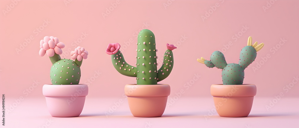 Fototapeta premium Set of Adorable clay ,Dwarf cacti of different varieties in pots, muted pastels, 3D clay icon, Blender 3d, ms, kawaii flowers, Decorative flowers, cartoon flowers, children's toys