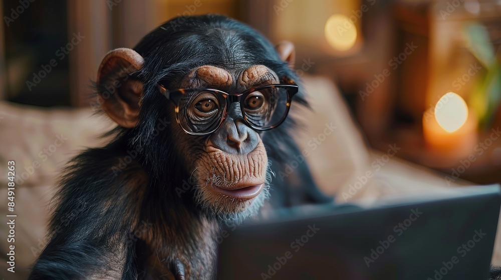 A chimpanzee with glasses appears to work on a laptop, with the face obscured, suggesting intellect A chimpanzee with glasses appears to work on a laptop, with the face obscured, suggesting intellect