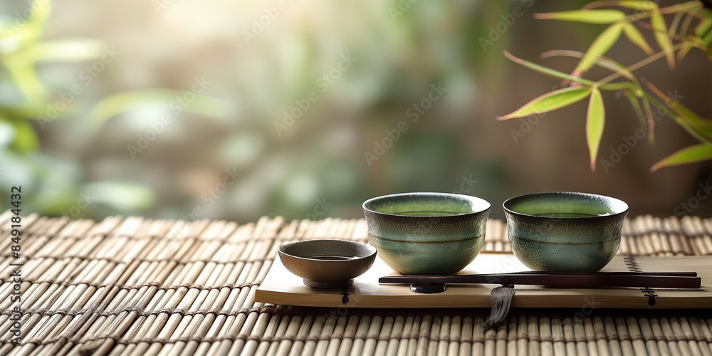 A peaceful scene of a Japanese tea set arranged on a bamboo mat with soft natural lighting and greenery A peaceful scene of a Japanese tea set arranged on a bamboo mat with soft natural lighting and greenery