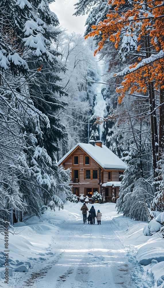 Naklejka premium a group of people walking down a snow covered road