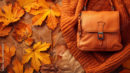 Brown leather women bag, orange knitted sweater, golden autumn leaf on brown background top view flat lay copy space. Fashionable women's accessories. Autumn Fashion Concept. Stylish Lady Clothes photo