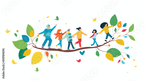 Diverse group balances tree branch, colorful leaves falling around them. Multicultural children engage playful balancing act outdoors. Cartoon illustration friends playing together, nature joy
