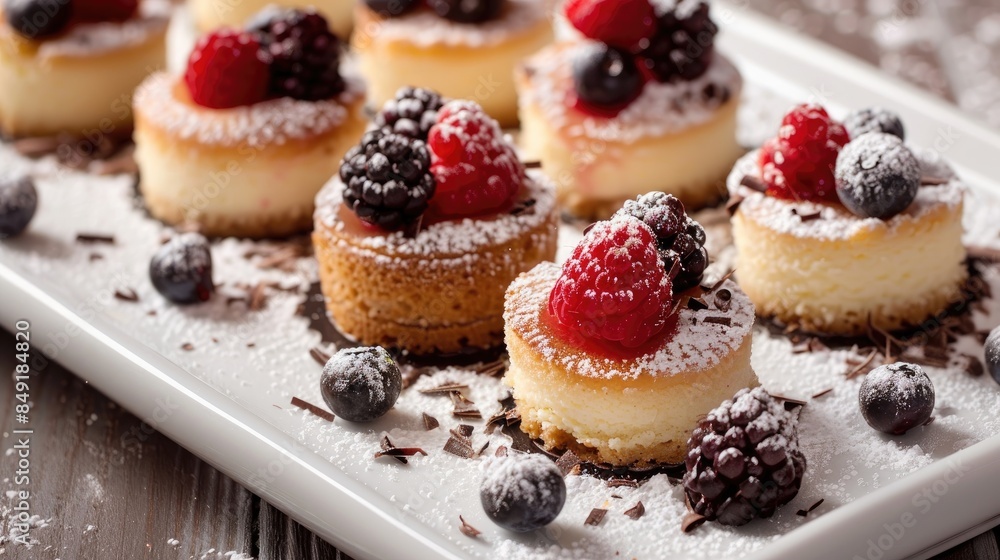 Mini Cheesecakes with Berries Sugar Powder and Chocolate on a White Platter Mini Cheesecakes with Berries Sugar Powder and Chocolate on a White Platter