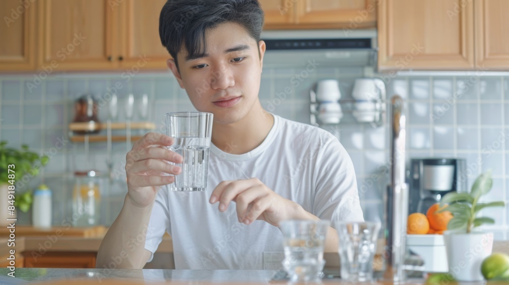 Handsome Asian man holding a glass of water in the kitchen A thirsty handsome young man pours and drinks clean natural minerals in a cup after waking up in the morning for home health care. Handsome Asian man holding a glass of water in the kitchen A thirsty handsome young man pours and drinks clean natural minerals in a cup after waking up in the morning for home health care.