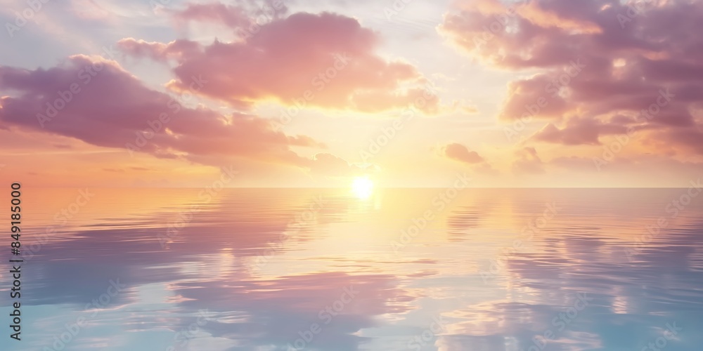 Fototapeta premium A serene sunset scene over the ocean with fluffy clouds and a peaceful water reflection