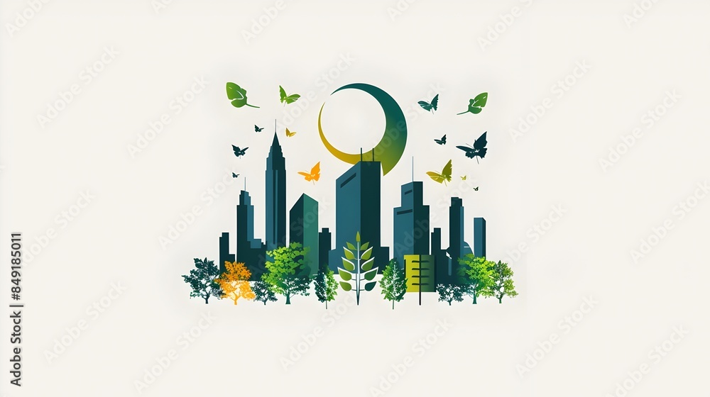Sustainable Urban Cityscape with Moonlit Skyline and Lush Foliage Sustainable Urban Cityscape with Moonlit Skyline and Lush Foliage