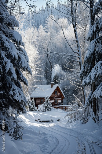 a cabin in the middle of a snowy forest © KWY