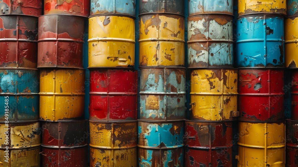 Vibrantly colored and rusted stacked barrels emphasizing their repetitive arrangement Vibrantly colored and rusted stacked barrels emphasizing their repetitive arrangement