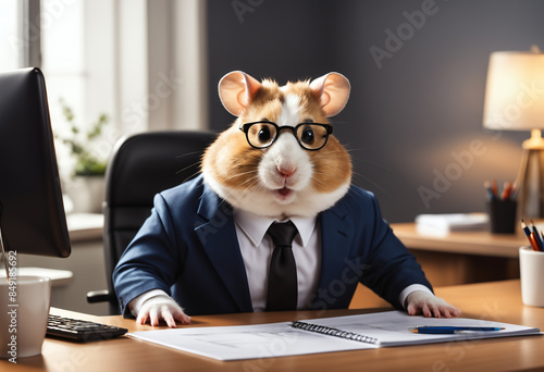 Hamster in suit sits at off...
