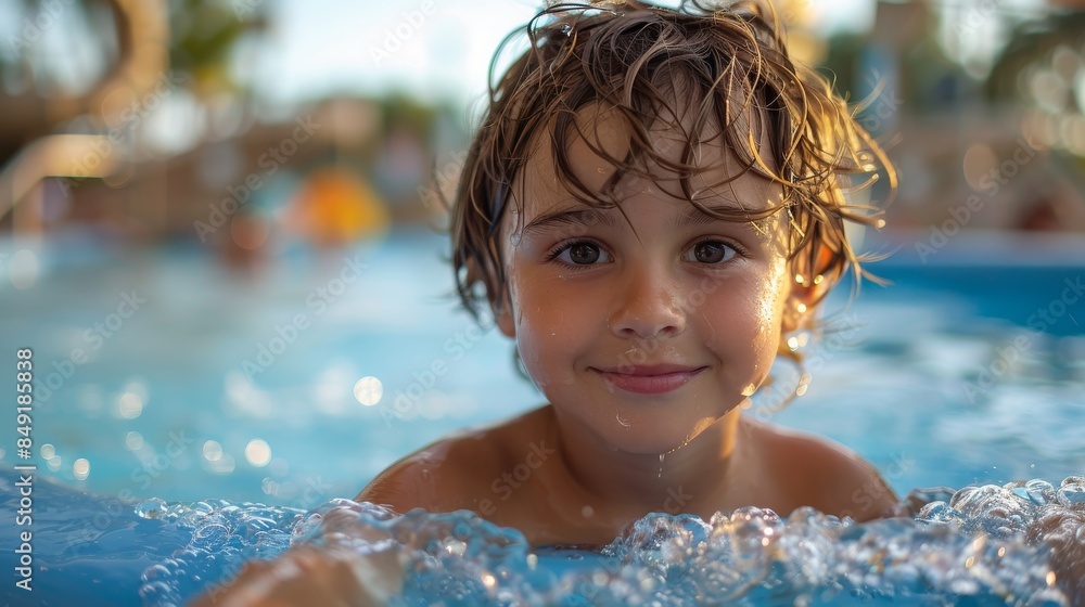 Young boy with wet hair swimming in a pool, showing a joyful face Young boy with wet hair swimming in a pool, showing a joyful face