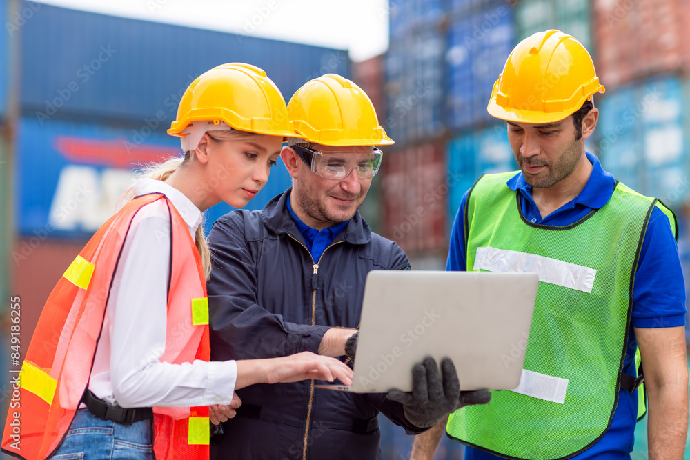 Group of Port Container Ship Yard Colleague Workers working together join teamwork control operate solving problem. Group of Port Container Ship Yard Colleague Workers working together join teamwork control operate solving problem.