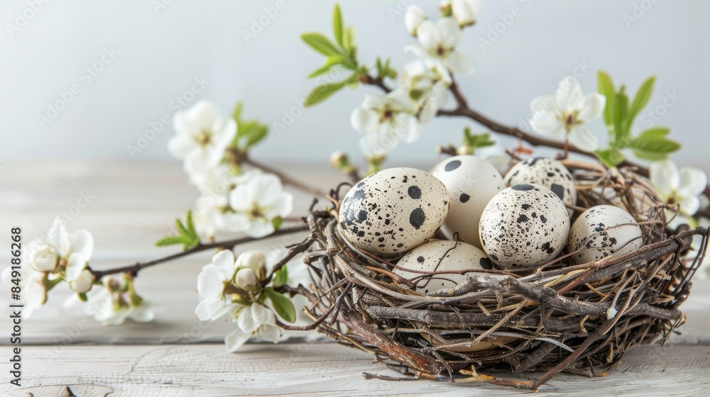 Obraz premium Easter holidays theme bird s nest with quail eggs and spring blossoms on a light wooden backdrop