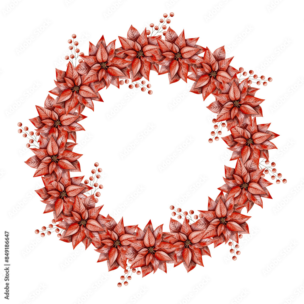 New Years Christmas hand drawn watercolor wreath of poinsettia and branch with berries New Years Christmas hand drawn watercolor wreath of poinsettia and branch with berries
