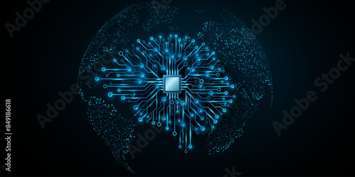 Futuristic AI brain with cpu board on the background of world map. Artificial intelligence analyzes global data. Neural network design elements. Vector illustration. EPS 10.