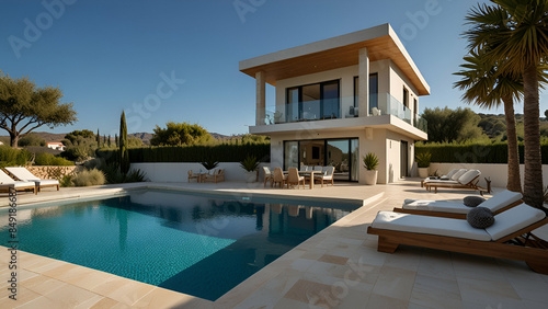 Luxury Holiday Villa s outdoor area with a stunning pool and clear blue sky.