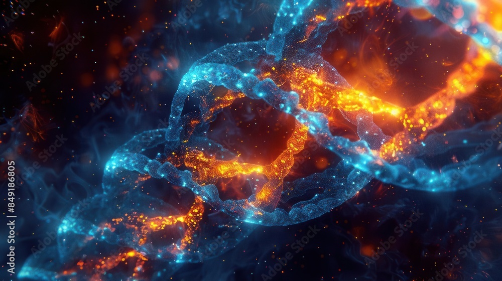 A close-up of a glowing DNA double helix strand, highlighting the intricate biological structure in a dynamic and colorful representation. A close-up of a glowing DNA double helix strand, highlighting the intricate biological structure in a dynamic and colorful representation.