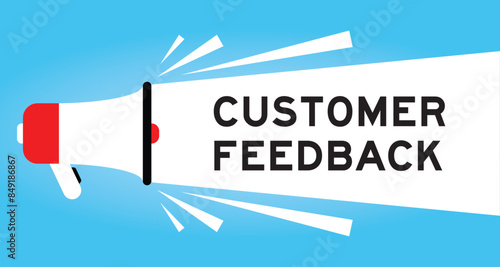 Color megaphone icon with word customer feedback in white banner on blue background
