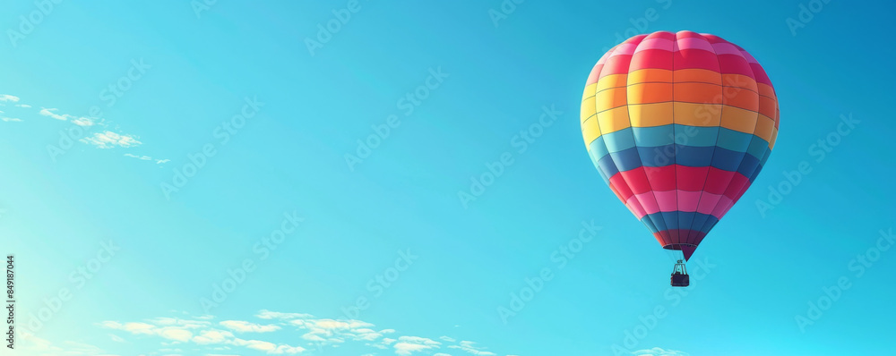 Fototapeta premium Summer background with a colorful hot air balloon floating in a clear blue sky: Playful and adventurous, ideal for a summer festival theme