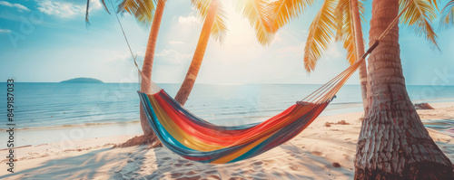 Summer background with a colorful hammock strung between two palm trees on a sunny beach: Relaxing and idyllic, perfect for a beachside nap photo