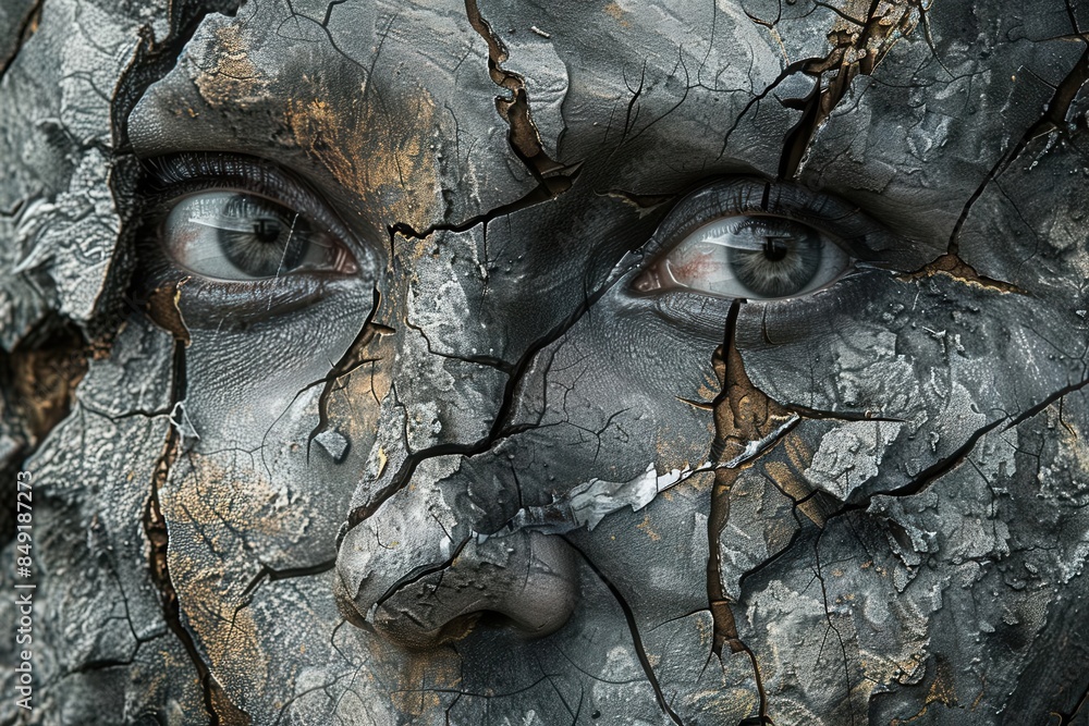 A surreal and dramatic portrait of a human face fused with cracked stone texture. Art image depicting fragility and resilience. A surreal and dramatic portrait of a human face fused with cracked stone texture. Art image depicting fragility and resilience.