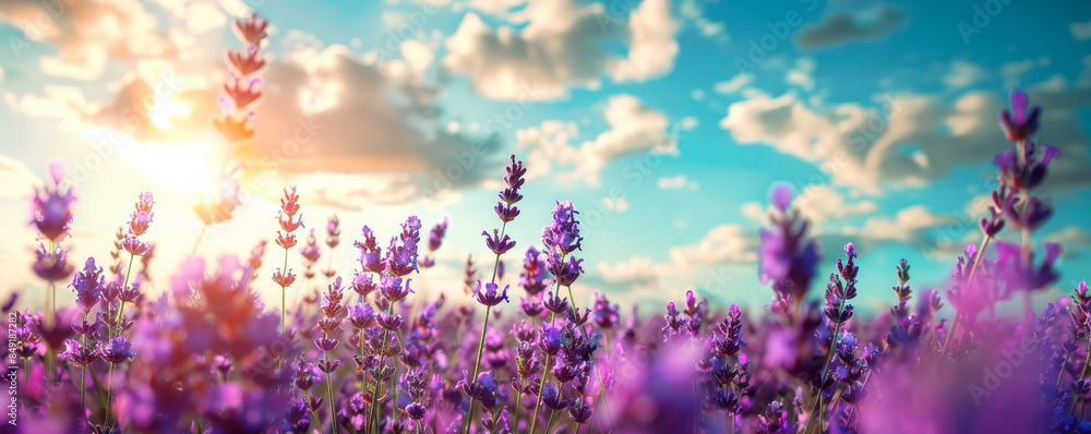 Summer background with a peaceful lavender field in full bloom under a bright blue sky: Serene and colorful, perfect for a summer floral theme Summer background with a peaceful lavender field in full bloom under a bright blue sky: Serene and colorful, perfect for a summer floral theme