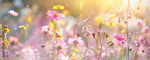 Summer background with a meadow full of wildflowers in various shades of pink, purple, and yellow: Vibrant and natural, ideal for a summer meadow scene