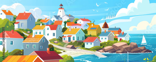 Summer background with a picturesque coastal village, colorful houses, and blue skies: Charming and serene, ideal for a seaside getaway