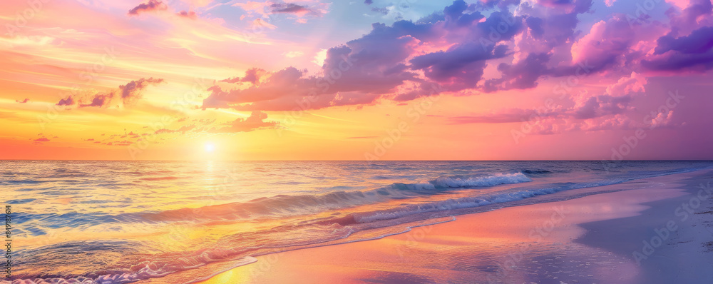 Fototapeta premium Summer background with a vibrant beach sunset, hues of orange, pink, and purple in the sky: Dramatic and serene, perfect for a sunset beach scene