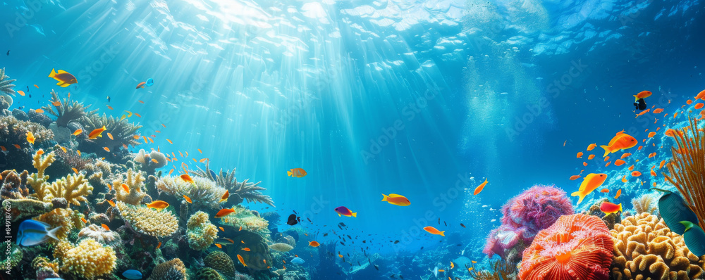 Naklejka premium Summer background with a vibrant coral reef, colorful fish, and clear blue ocean water: Dynamic and lively, perfect for an underwater summer adventure