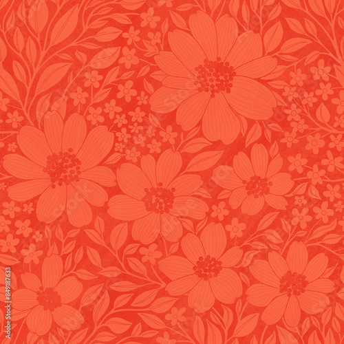 Wallpaper Mural Floral Seamless Pattern of Red Flowers and Leaves on Red Tomato Background with Texture, Great for Wallpapers, Textiles, Papers, Prints, Fashion, Beauty Products, Wrappings, Package Design. Torontodigital.ca