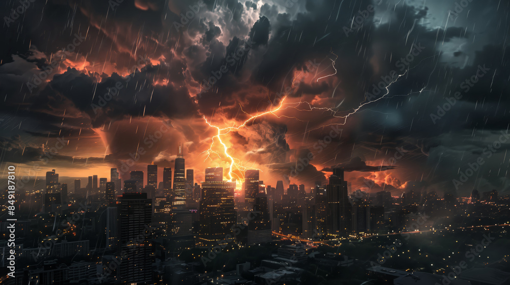 Fiery storm over a city with vivid lightning and rain, highlighting a dramatic and intense scene of urban chaos and natural power.