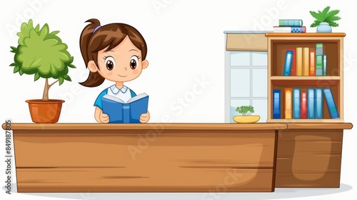 a cute girl reading a book on his desk