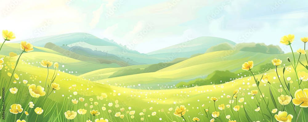 Fototapeta premium Tranquil spring background with a meadow of buttercups, rolling hills, and a pastel sky.